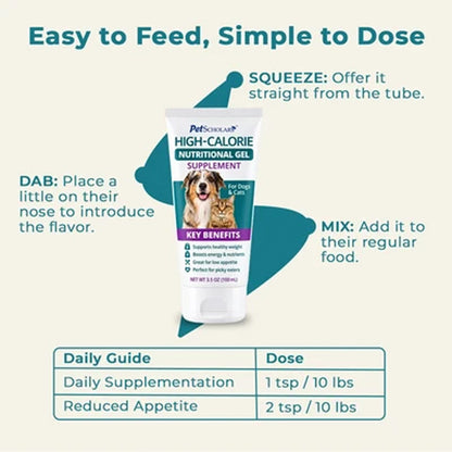A product infographic for Pet Scholars High-Calorie Nutritional Gel supplement for dogs and cats. The image features a central tube of the white and purple gel, surrounded by teal callout shapes with instructions on how to dose and mix it, and a 'Daily Guide' table at the bottom detailing the dosage by weight.