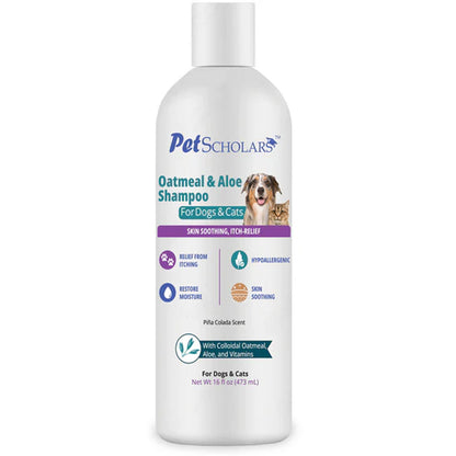 Pet Scholars Oatmeal & Aloe Shampoo bottle for dogs and cats on a white background