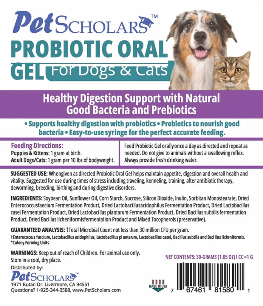 Back label of Pet Scholars Probiotic Oral Gel showing ingredients and directions