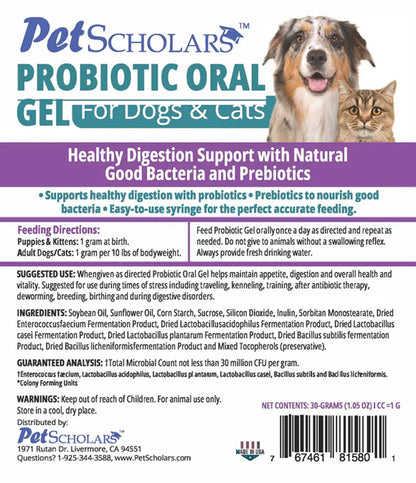Back label of Pet Scholars Probiotic Oral Gel showing ingredients and directions
