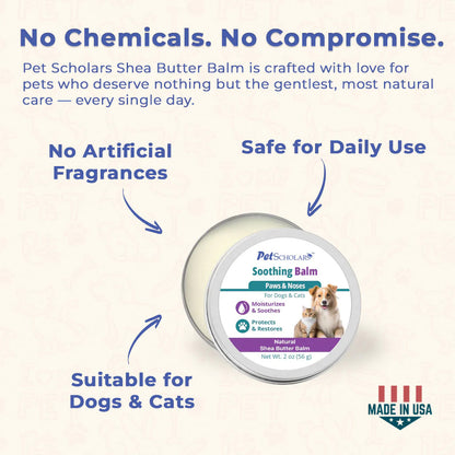 Pet Scholars Shea Butter Balm for pets with text highlighting benefits on a white background