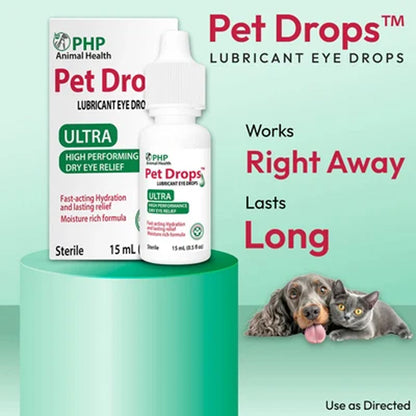 PHP Animal Health Pet Drops Ultra lubricant eye drops shown with the retail box and a small dropper bottle on a teal pedestal, alongside text claims and photos of a dog and cat.