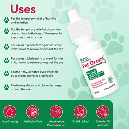 A bottle of PHP Veterinary Pet Drops Ultra Lubricant System shown on a light green background with text detailing its uses, paw print icons, and feature badges at the bottom.