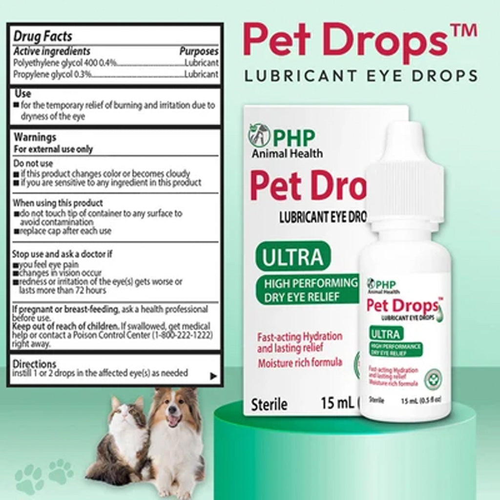 PHP Animal Health Pet Drops Ultra Lubricant Eye Drops 15 mL bottle shown next to a Drug Facts panel and a Directions panel, with small cat and dog illustrations on a teal background.