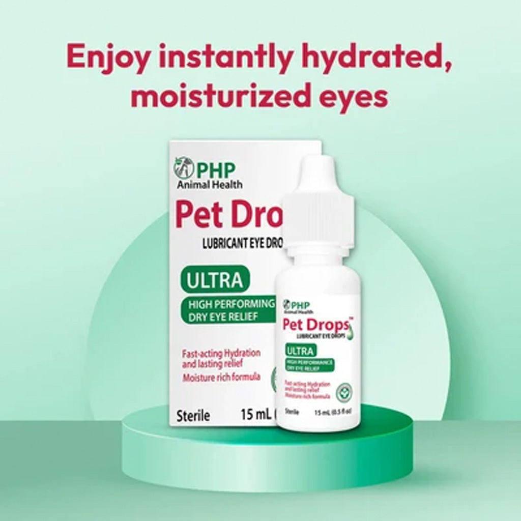 PHP Pet Drop eye drop packaging on a green platform with promotional text.