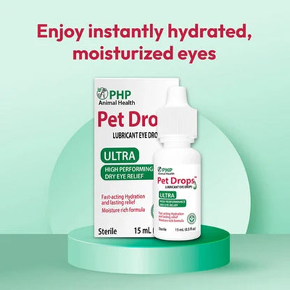 PHP Pet Drop eye drop packaging on a green platform with promotional text.