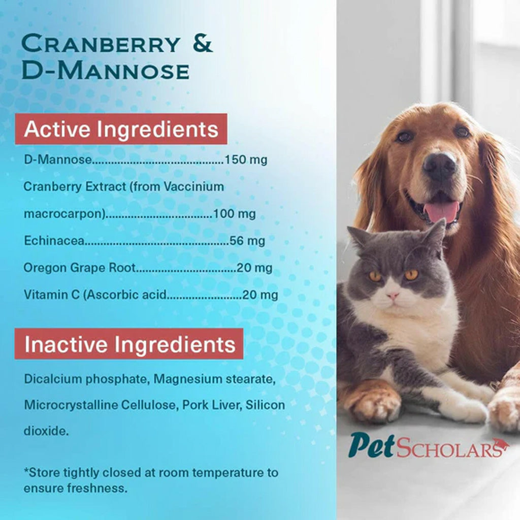 Pet supplement label with dog and cat and 'Pet Scholars' branding