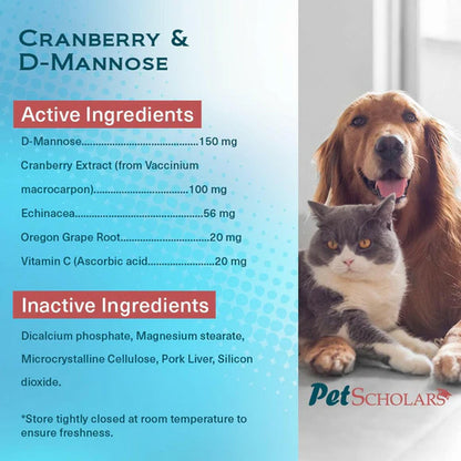 Pet supplement label with dog and cat and 'Pet Scholars' branding