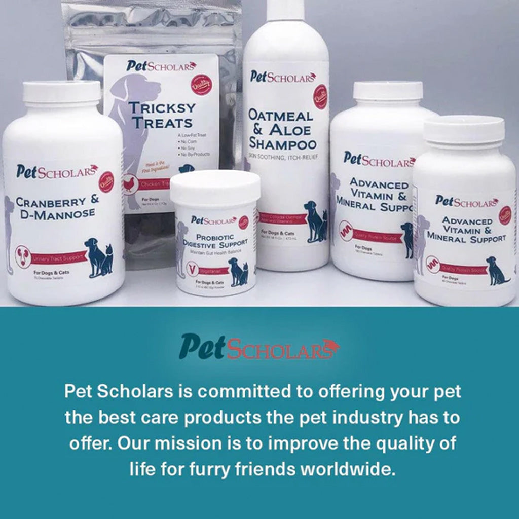 Collection of Pet Scholars pet care products including bottles and a container on a light gray background.
