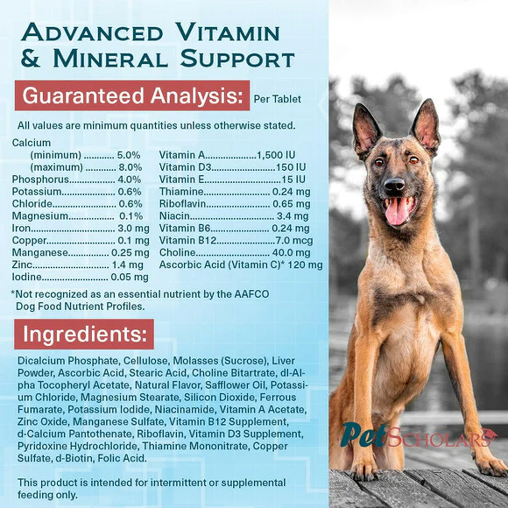 Pet Scholars Advanced Vitamin & Mineral Support Dog supplement label with a dog on a wooden deck
