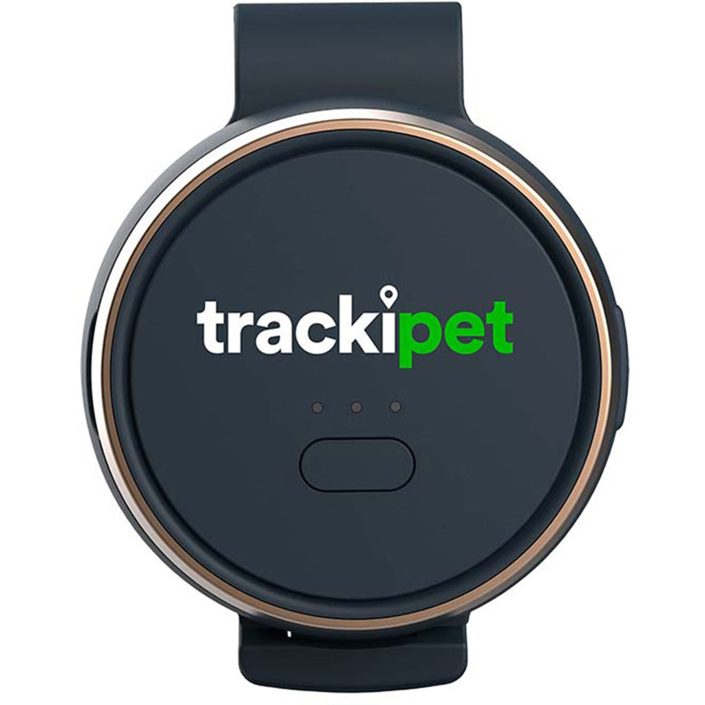 Black round device with trackipet logo on a white background