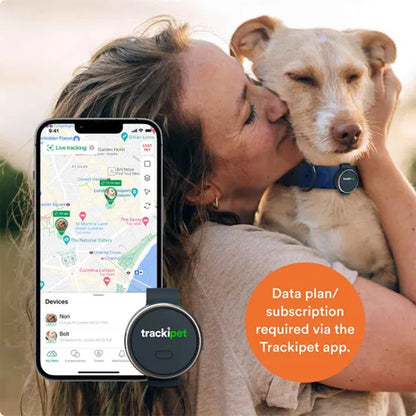 Woman holding a dog with a Trackipet device and app displayed on a smartphone.
