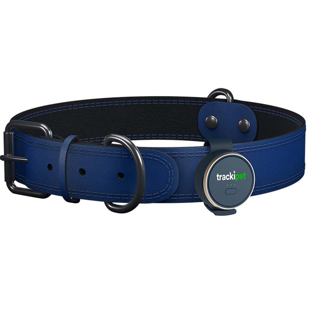 Blue dog collar with a trackipet tracking device on a white background
