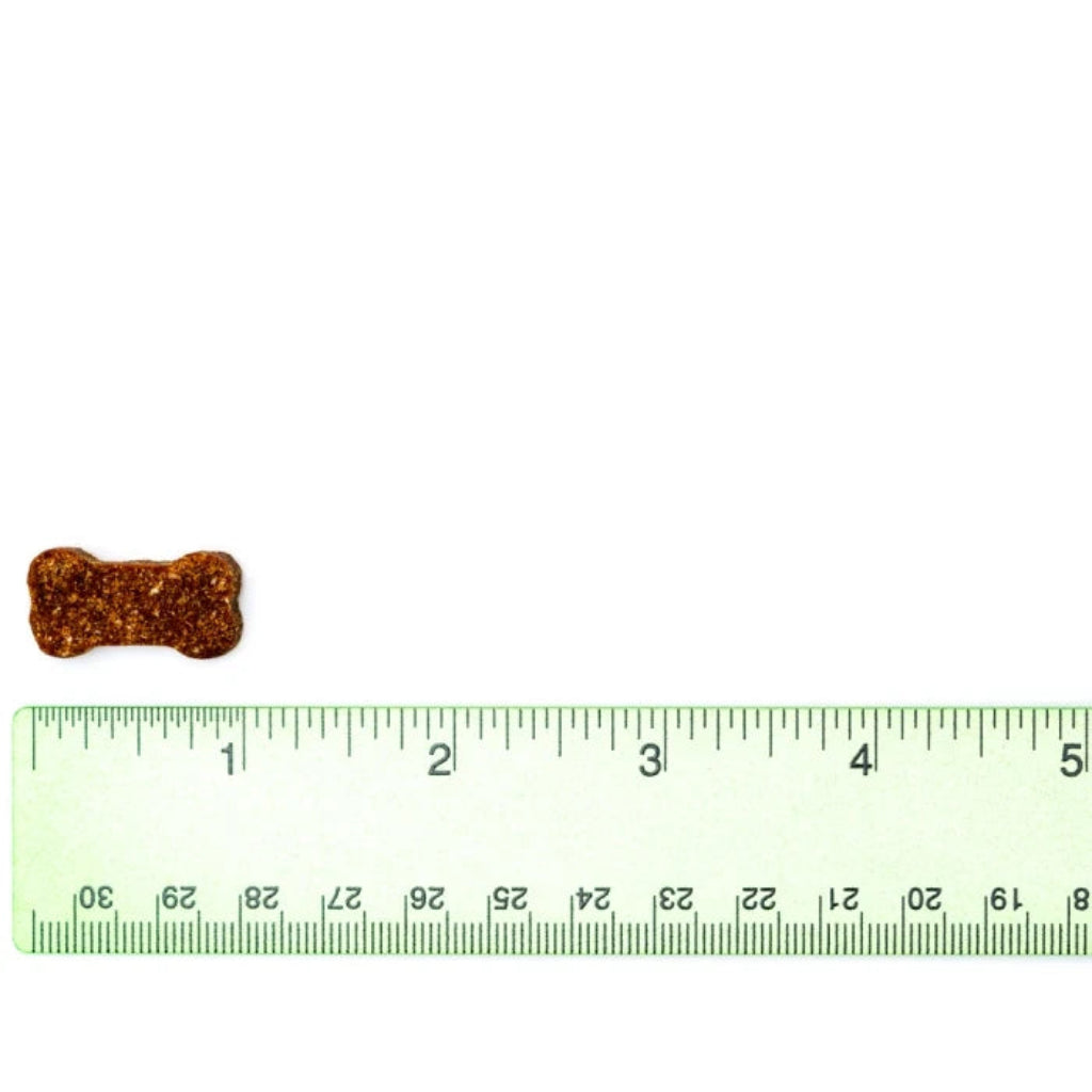 Dog treat shaped like a bone next to a ruler on a white background