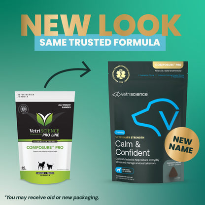 Promotional graphic showing two Vet Science Pro Line pet food bags on a teal gradient background with large text reading 'NEW LOOK' and 'SAME TRUSTED FORMULA.' The left bag is white with green and black sections, and the right bag is black with blue graphics and a gold 'NEW NAME' badge.