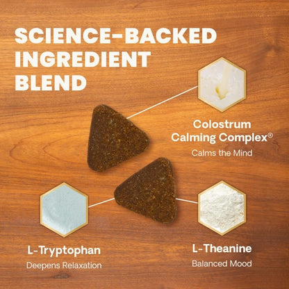 Ingredients for a calming complex on a wooden background with text about science-backed blends.