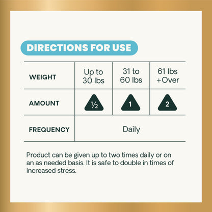 Directions for use chart with weight, amount, and frequency information on a gold border.