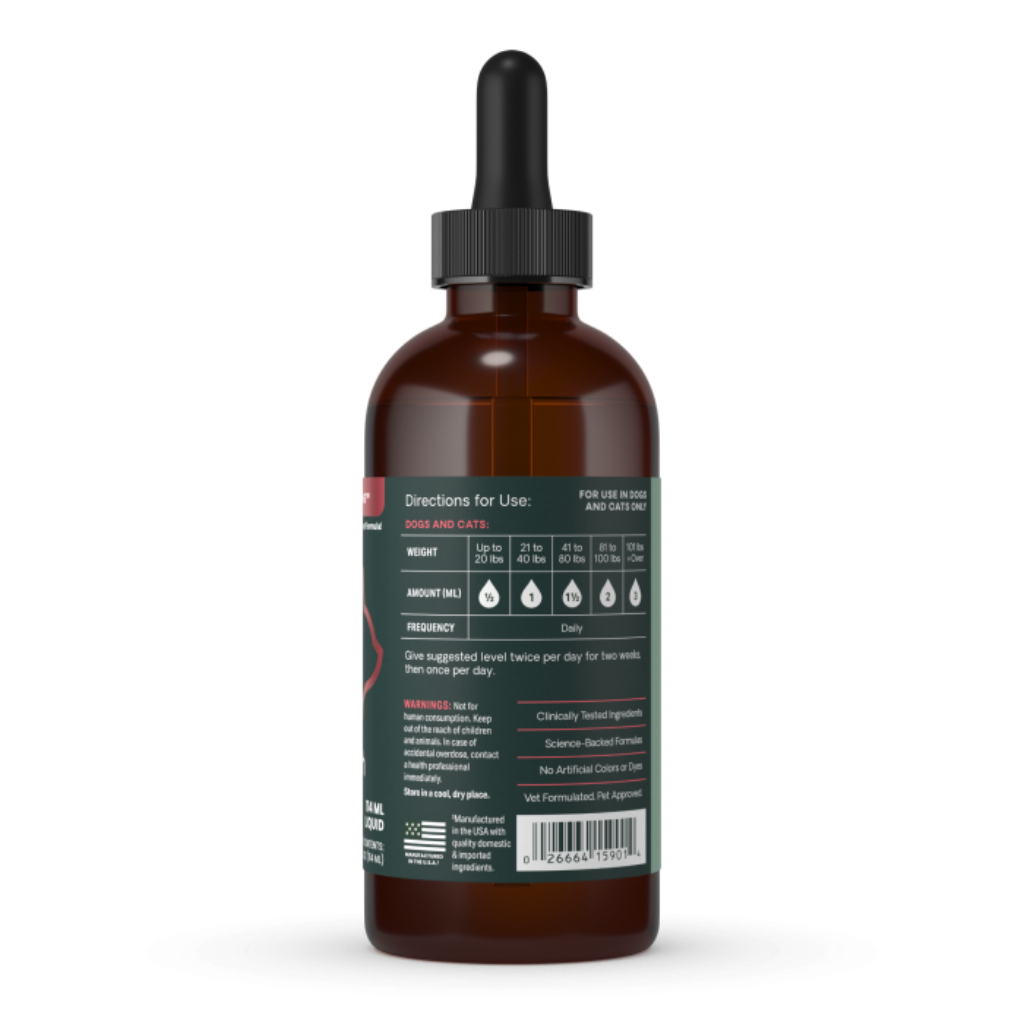 An amber glass dropper bottle with a black cap and a dark green label, shown from the back on a plain white background.
