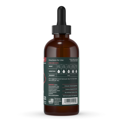 An amber glass dropper bottle with a black cap and a dark green label, shown from the back on a plain white background.
