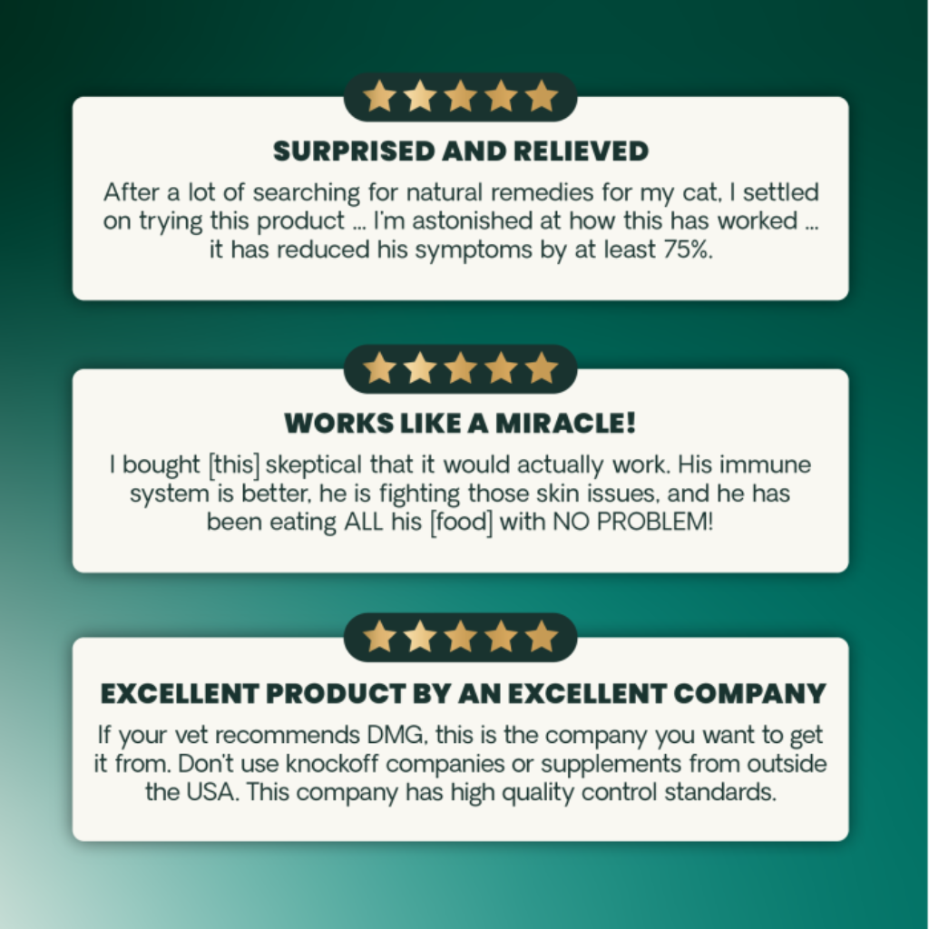 Product reviews for a dog skin care supplement on a green background