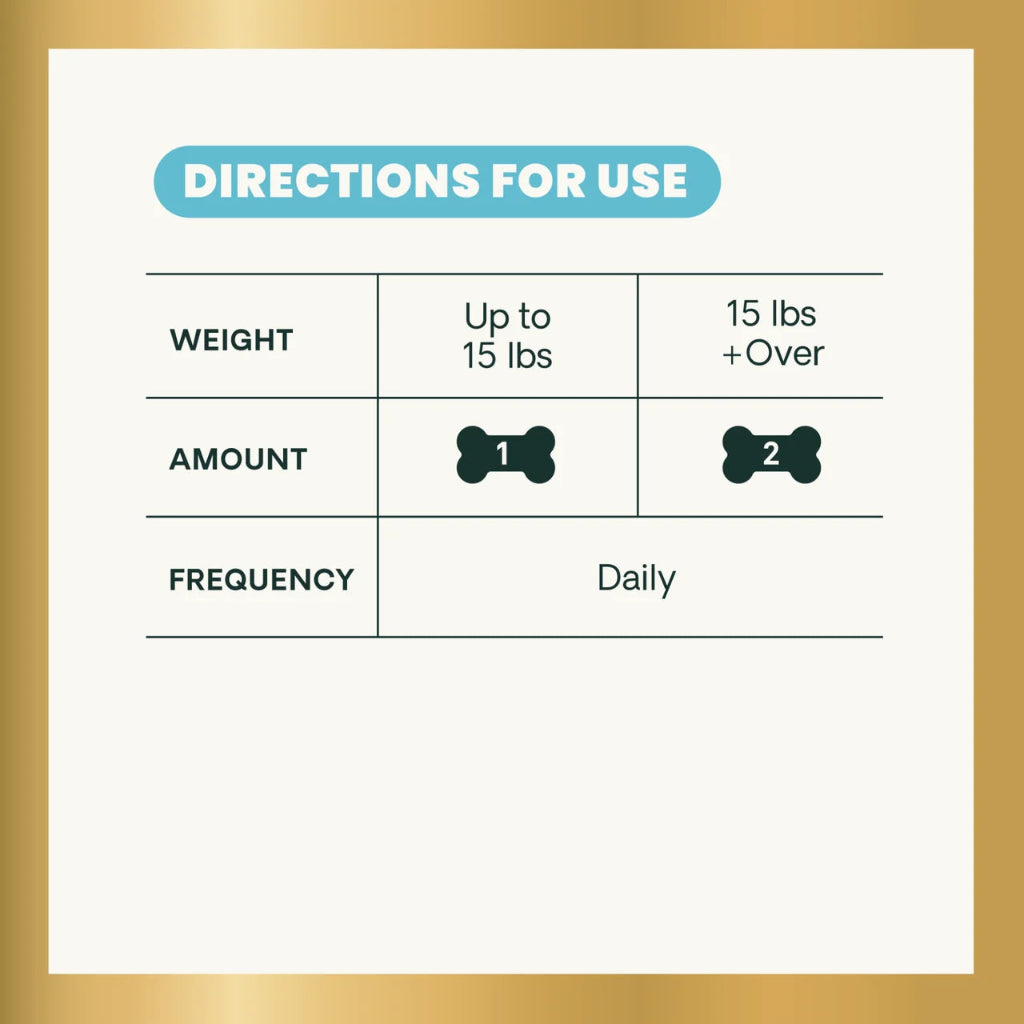 Directions for use: dogs up to 15 lbs give 1 chew daily, dogs 15 lbs and over give 2 chews daily