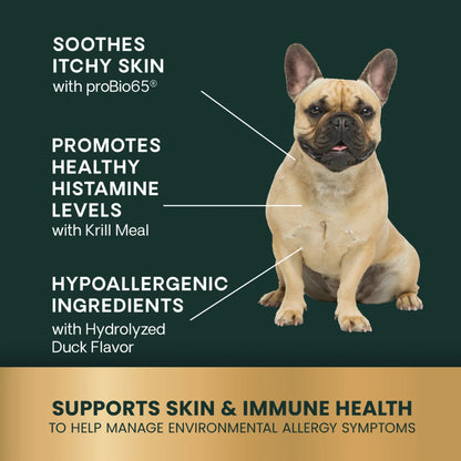 Dog alongside the benefits of Allergy & Itch Support for seasonal and environmental allergies