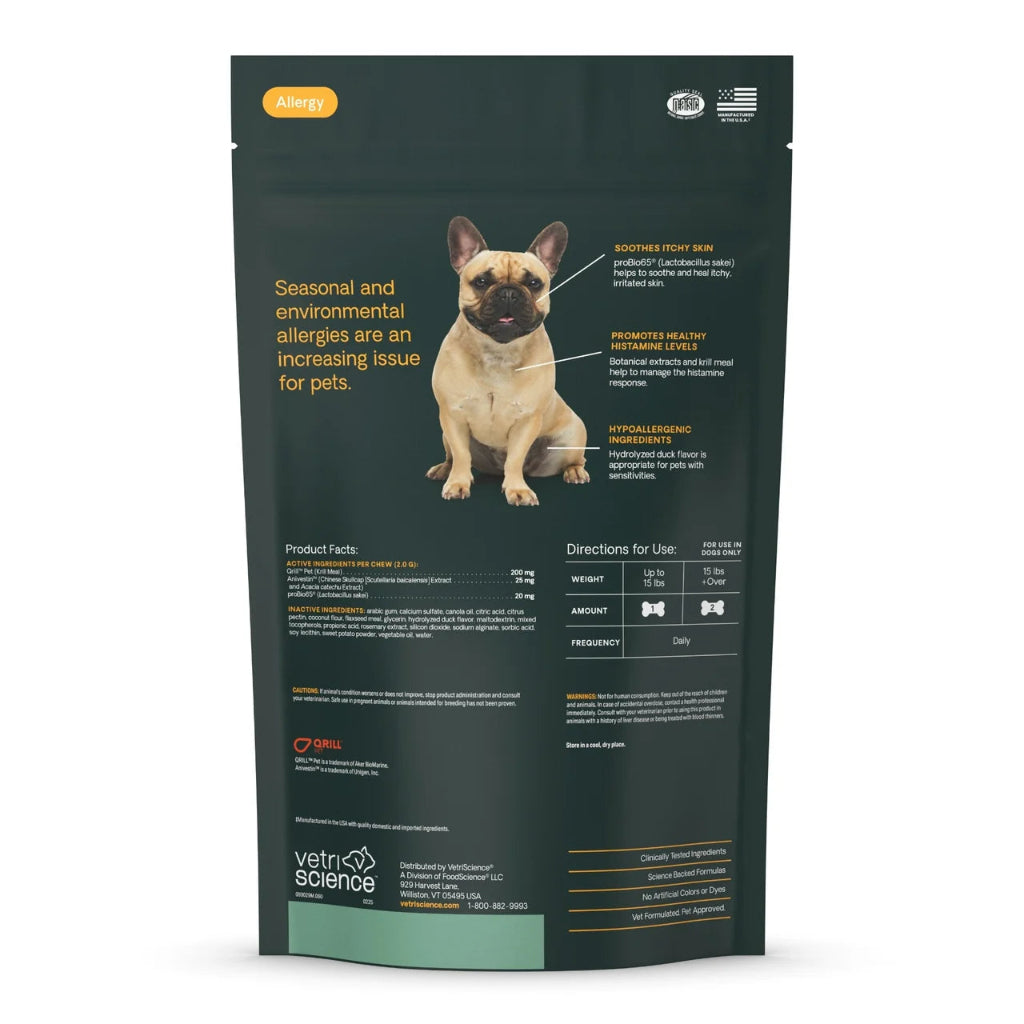 Back of pack: active ingredients per 2 g chew — Qrill Pet krill meal 200 mg, Anivestin 25 mg, proBio65 20 mg. Give 1 chew daily under 15 lbs, 2 chews daily over 15 lbs