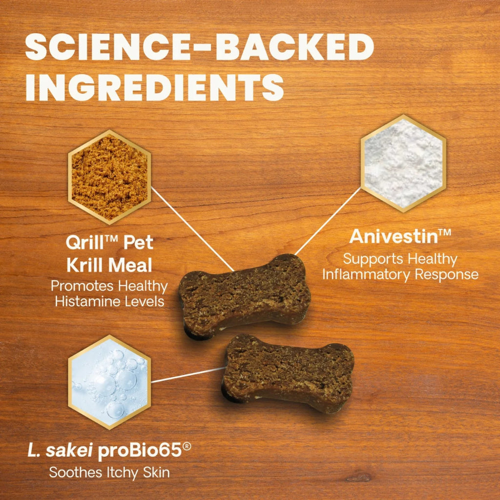 Science-backed ingredients in Allergy & Itch Support: Qrill Pet krill meal, Anivestin and proBio65, shown on a wooden background