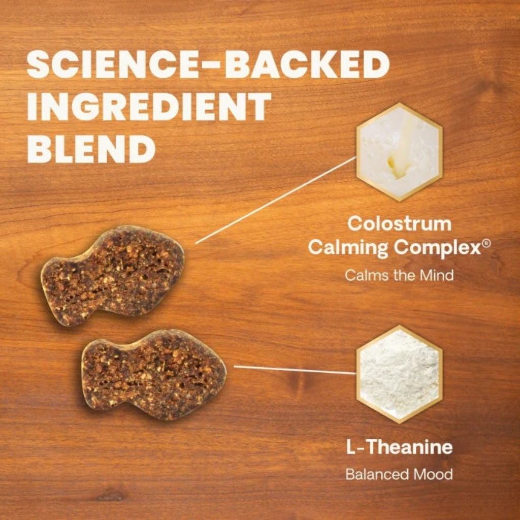 Calm & Confident active ingredients for cats: thiamine 67 mg, Colostrum Calming Complex 11 mg and L-theanine 10.5 mg per chew