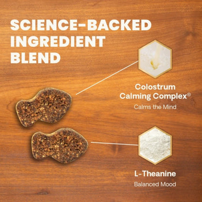Calm & Confident active ingredients for cats: thiamine 67 mg, Colostrum Calming Complex 11 mg and L-theanine 10.5 mg per chew