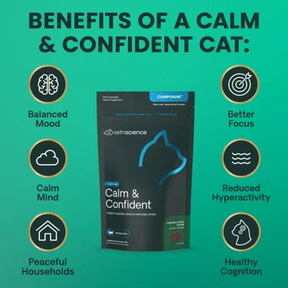 Benefits of a calm and confident cat, shown for VetriScience Calm & Confident calming chews