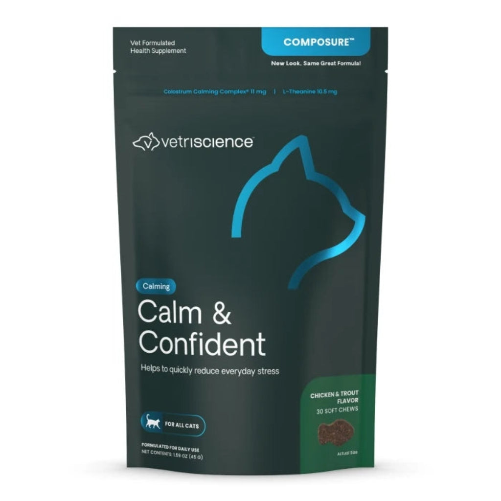 VetriScience Calm & Confident chicken and trout calming chews for cats, 30 chew pack front