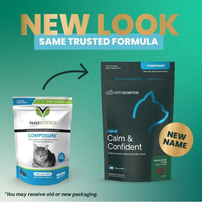 Calm & Confident is the new name for Composure — new look, same trusted formula, shown with old and new cat packs