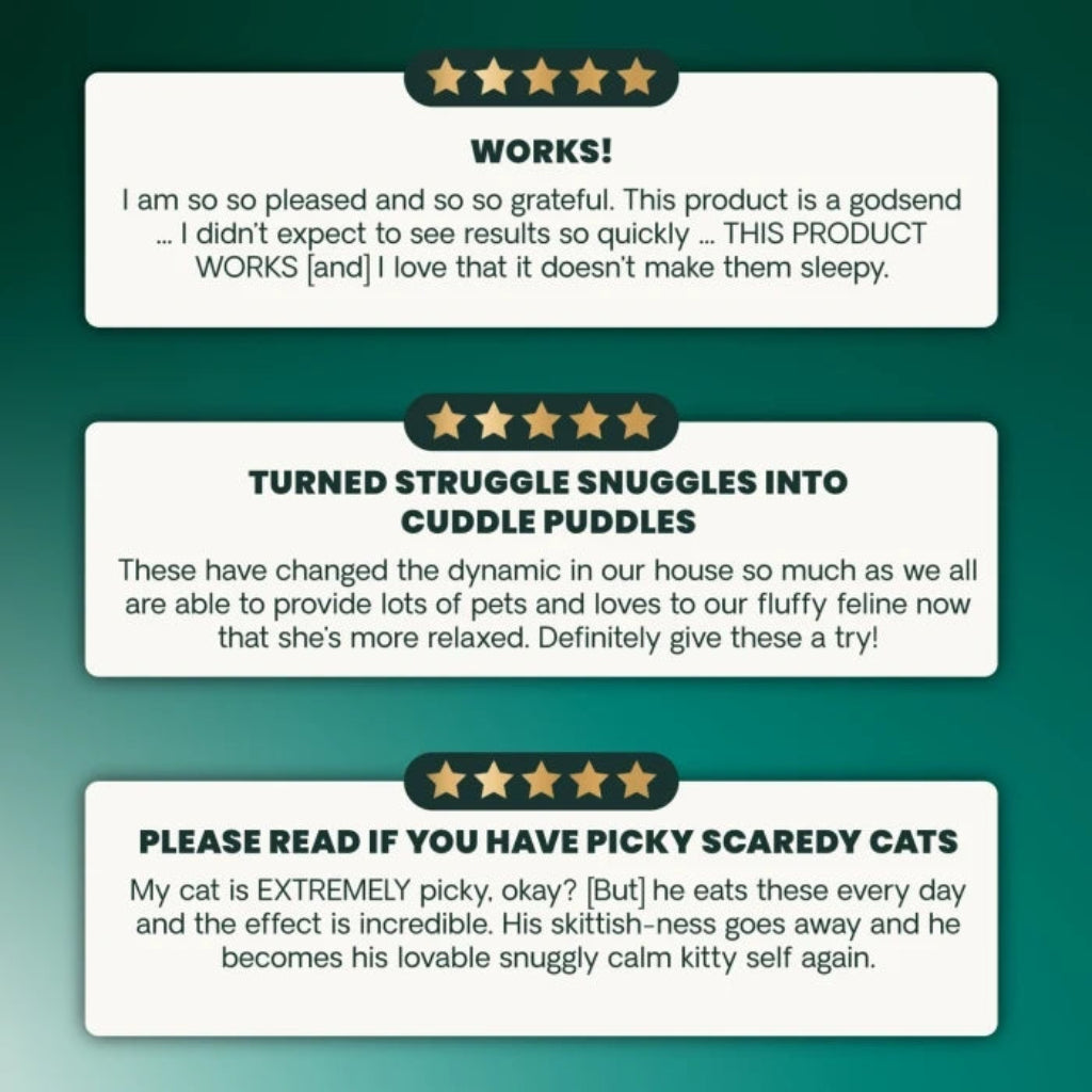 Three VetriScience customer reviews of Calm & Confident calming chews for cats