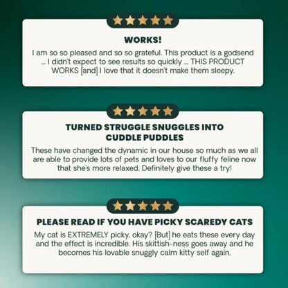 Three VetriScience customer reviews of Calm & Confident calming chews for cats
