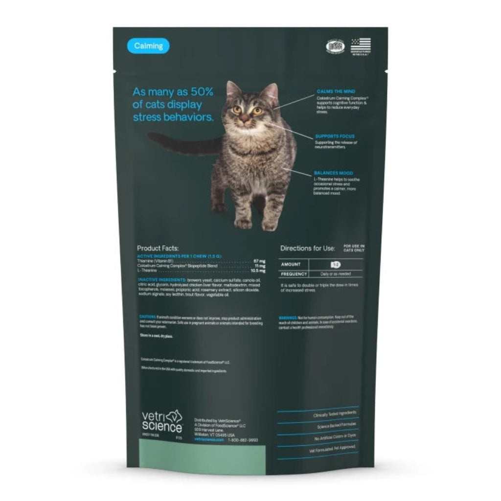 Back of pack: active ingredients per chew — thiamine 67 mg, Colostrum Calming Complex 11 mg, L-theanine 10.5 mg. Give 1 to 2 chews daily, cats only