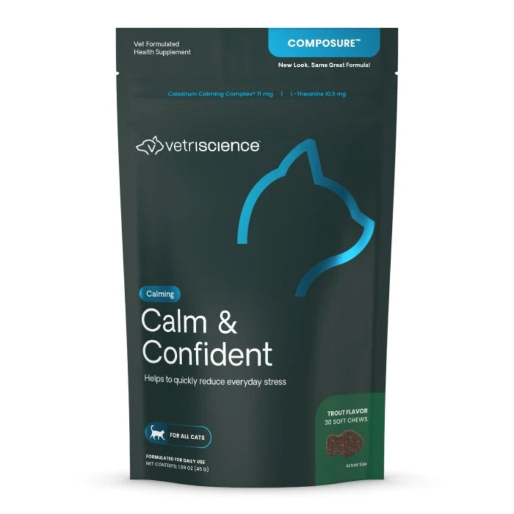 VetriScience Calm & Confident trout flavour calming chews for cats, 30 chew pack front