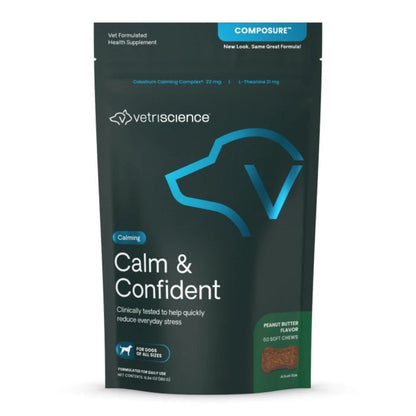 Vetriscience Composure Calm & Confident supplement package for dogs on a white background