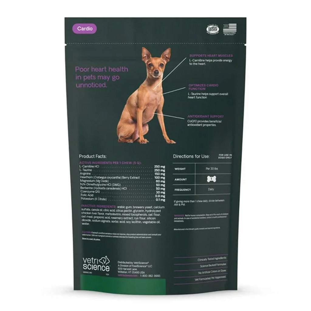 Back of pack: active ingredients per chew — L-carnitine 250 mg, L-taurine 250 mg, arginine 150 mg, hawthorn berry 100 mg, magnesium 60 mg, DMG 50 mg, berberine 50 mg, CoQ10 30 mg. Give 1 chew per 30 lbs daily