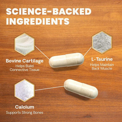 Active ingredients per capsule: bovine tracheal cartilage 200 mg, vitamin C 100 mg, pectin 100 mg, L-taurine 50 mg, manganese 30 mg, L-serine 30 mg, calcium 25 mg, horsetail, pepsin, zinc, vitamin D3 30 IU