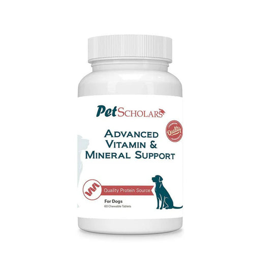 Pet Scholars Advanced Vitamin & Mineral Support supplement bottle on a white background