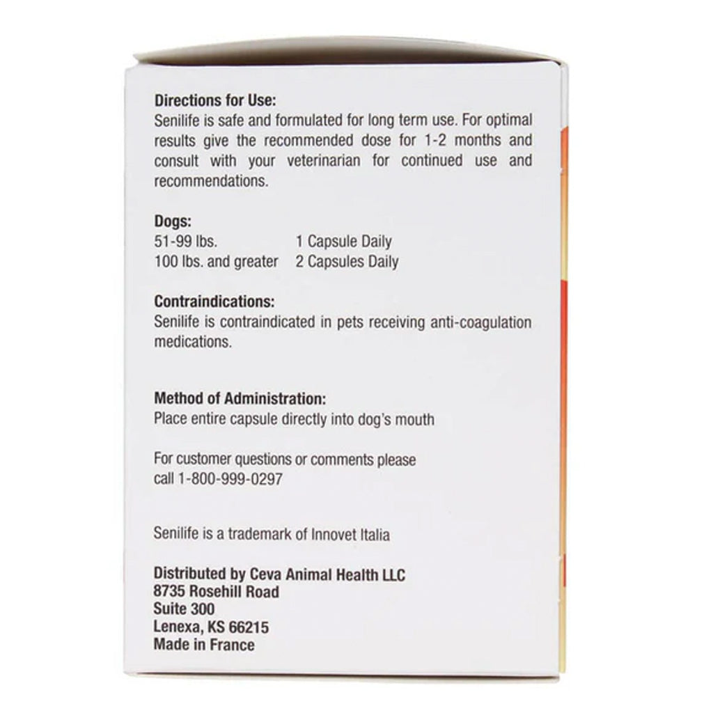 Back of a Senilife pet supplement packaging with usage instructions and contact information.