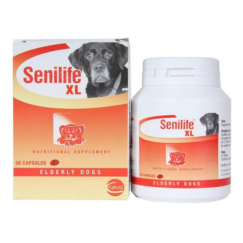 Senilife XL nutritional supplement for elderly dogs, including packaging and bottle.
