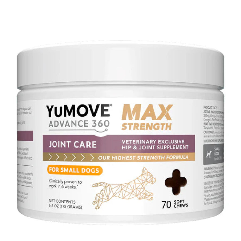 YuMOVE Advance 360 Max Strength joint care supplement for small dogs on a white background