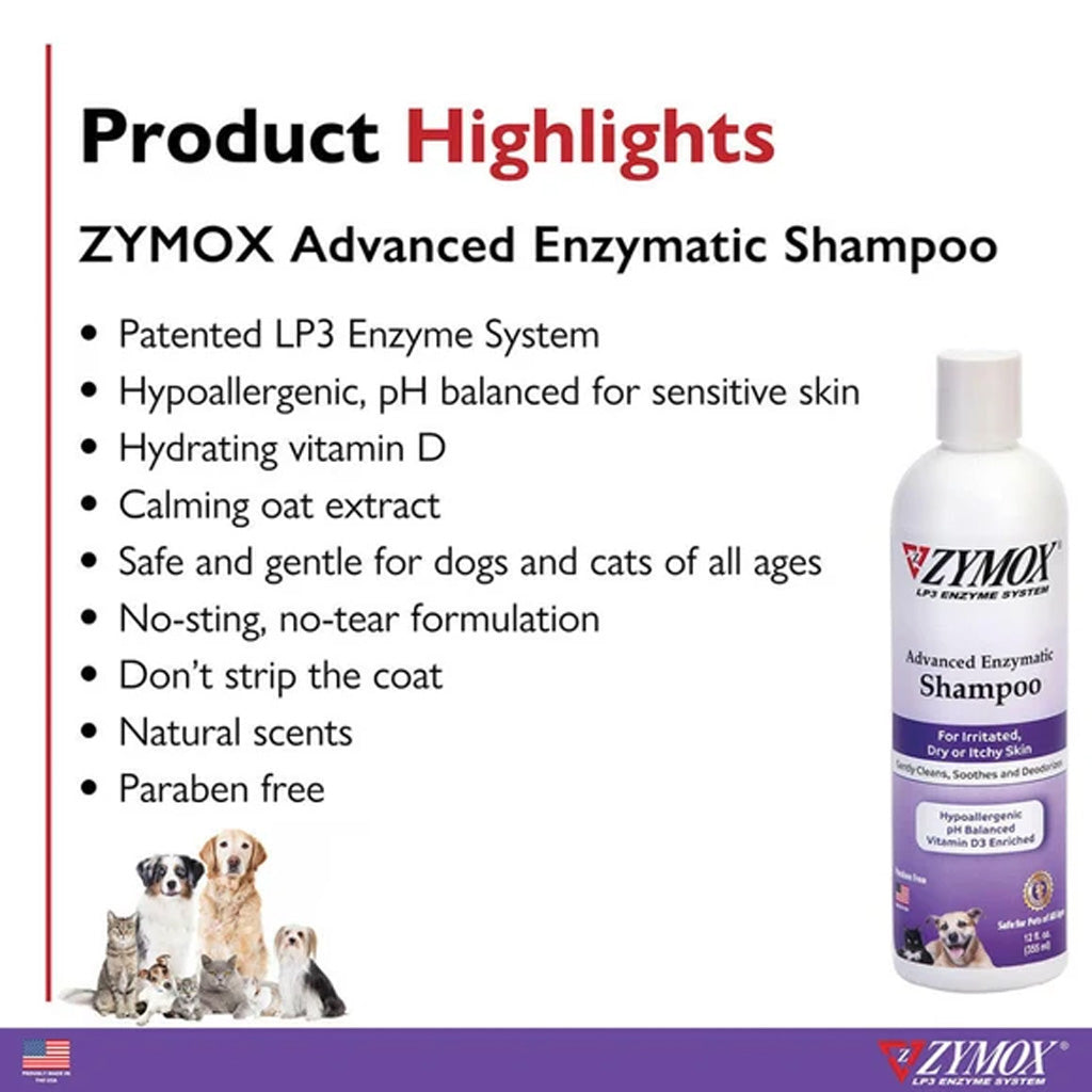 ZYMOX Advanced Enzymatic Shampoo product details with a bottle and images of dogs and cats.