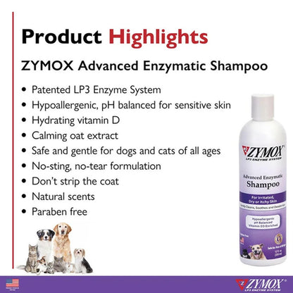 ZYMOX Advanced Enzymatic Shampoo product details with a bottle and images of dogs and cats.