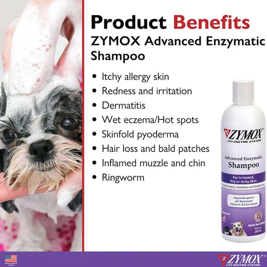 ZYMOX Advanced Enzymatic Shampoo advertisement with a dog and product benefits listed.