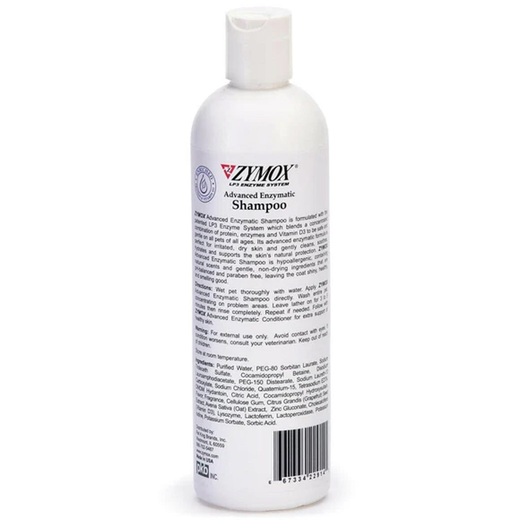 A white plastic bottle of Zymox Advanced Enzymatic Shampoo with a white flip-top cap, shown against a plain white background.