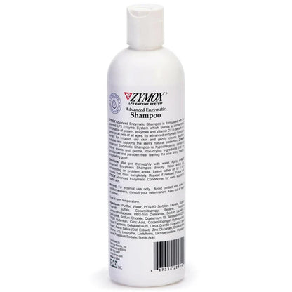 A white plastic bottle of Zymox Advanced Enzymatic Shampoo with a white flip-top cap, shown against a plain white background.