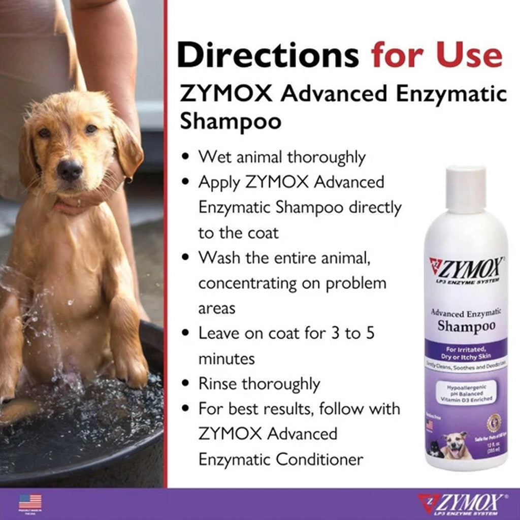 Zymox Advanced Enzymatic Shampoo directions with a puppy being washed